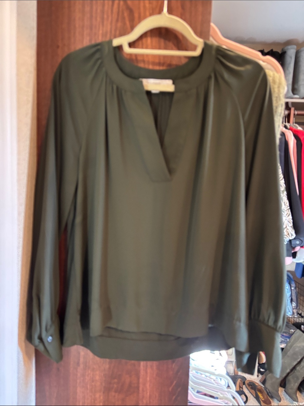 LOFT Olive Green Long-Sleeve Split-Neck Blouse